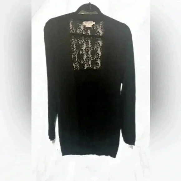 Molly Bracken lightweight open front mid length black lace trim cardigan M - Picture 2 of 8